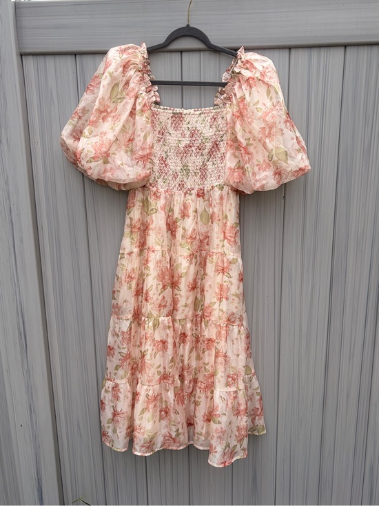 Sofie The Label Dresses & Skirts - Smocked Floral Midi Dress with Puff Sleeves in Blush